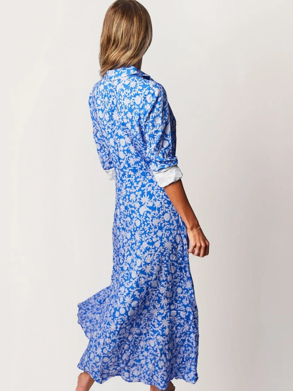 CITRINE LORENA BLUE BLOOMS FLORAL MIDI / MAXI DRESS SZ S
